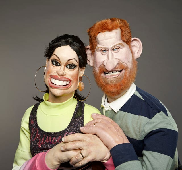 The Duke and Duchess of Sussex in puppet form 