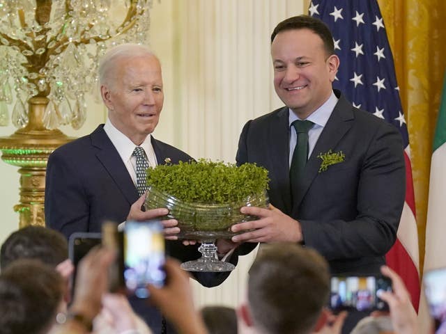 Then-taoiseach Leo Varadkar and then-US president Joe Biden during the St Patrick’s Day reception last year