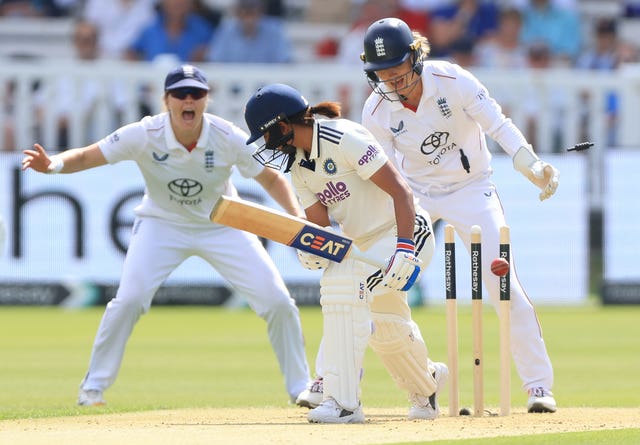 India’s Harmanpreet Kaur is bowled by England’s Mady Villiers (not pictured) during day one of the first Test at Lord’s