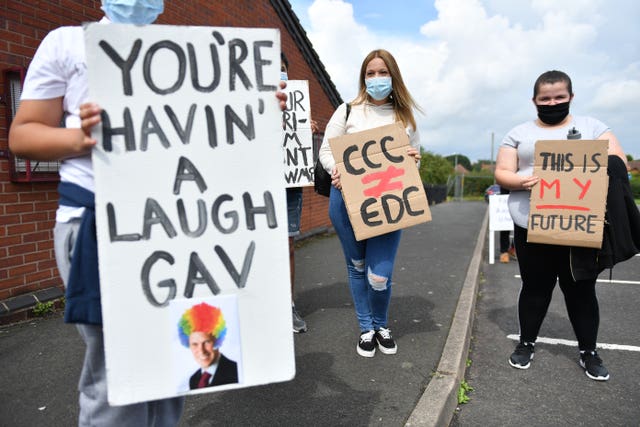 Students from Codsall Community High School gather prior to marching to the constituency office of Gavin Williamson as part of a protest over A-level results