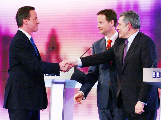David Cameron, Nick Clegg and Gordon Brown after an election debate in 2010