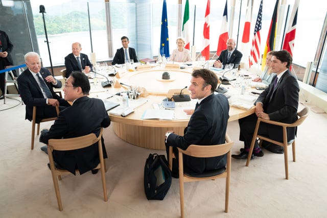 G7 leaders attend a working lunch at the Grand Prince Hotel during the G7 Summit in Hiroshima, Japan (Stefan Rousseau/PA)