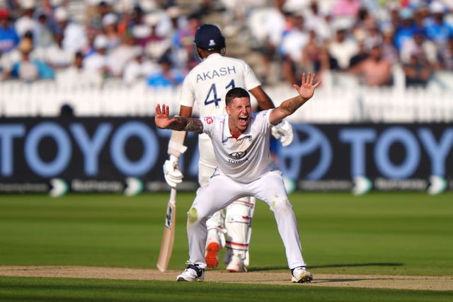 Brydon Carse appeals unsuccessfully for a wicket