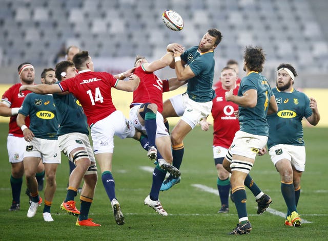 South Africa’s Handre Pollard wins the high ball during the third Test match against the British and Irish Lions at the Cape Town Stadium in 2021