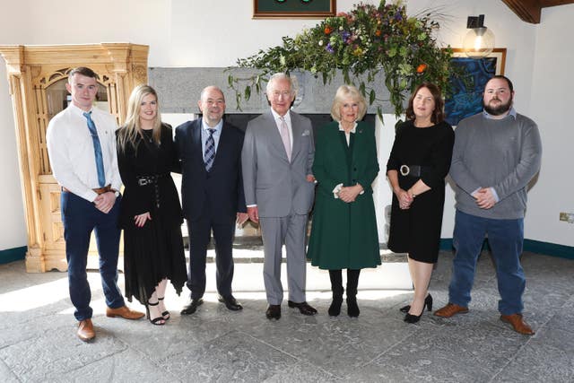 The Prince of Wales and the Duchess of Cornwall alongside the family of Ashling Murphy at the Bru Boru Cultural Centre in Cashel, Co Tipperary