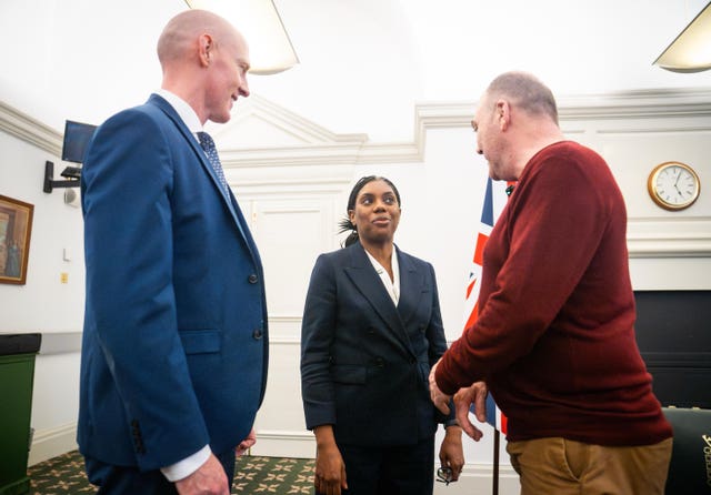Former bus driver Mark Hehir (right) met with Conservative Party leader Kemi Badenoch and shadow minister for justice Kieran Mullan (left) in the House of Commons