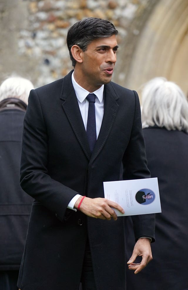 Prime Minister Rishi Sunak following the funeral of former speaker of the House of Commons Betty Boothroyd at St George’s Church, Thriplow, Cambridgeshire