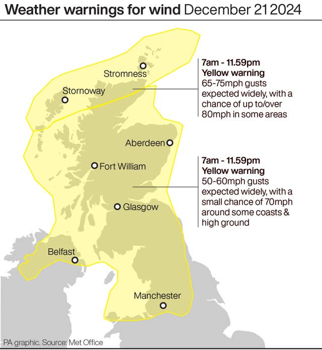 A PA graphic showing weather warnings for wind on December 21 across much of the north of the UK