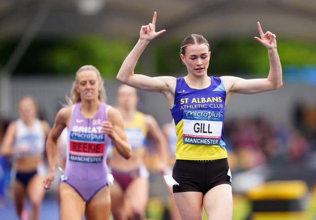Phoebe Gill celebrates winning the women’s 800m final at the UK Athletics Championships