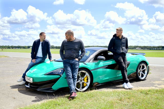 Paddy McGuinness, Chris Harris and Andrew Flintoff with a McLaren 600LT on the Top Gear test track in Dunsfold Park