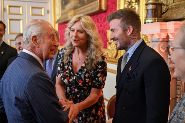 The King speaks to (l to r) Penny Lancaster, David Beckham and Meryl Streep during the King’s Foundation Awards ceremony