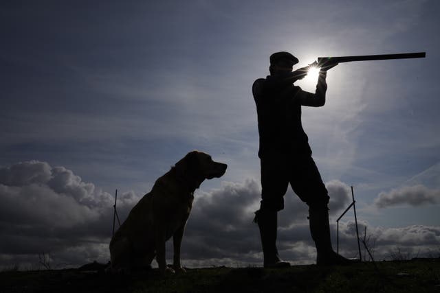 A gunman takes aim with his dog at his side (Owen Humphreys/PA)