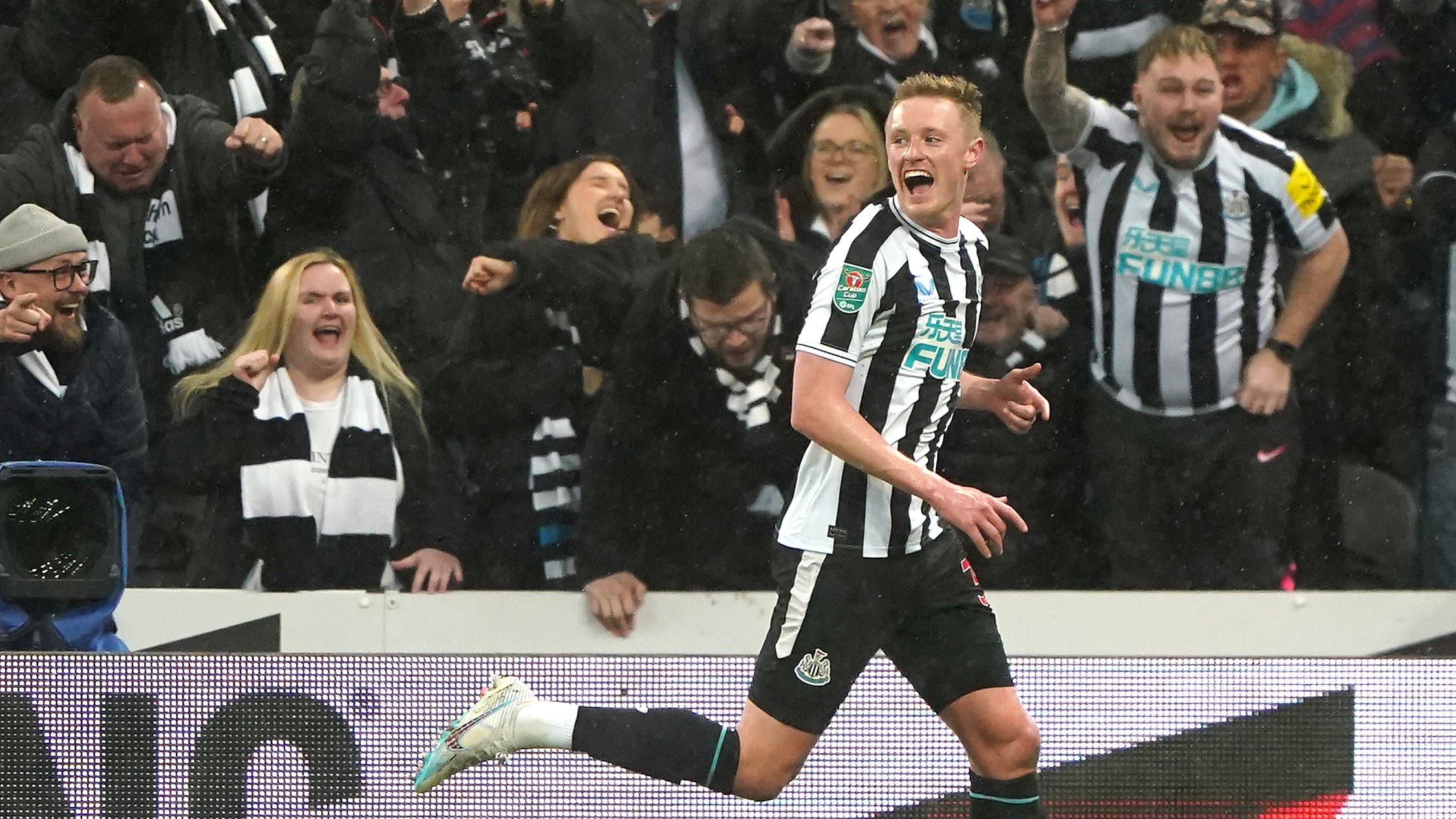 Sean Longstaff celebrates his second goal (Owen Humphreys/PA)