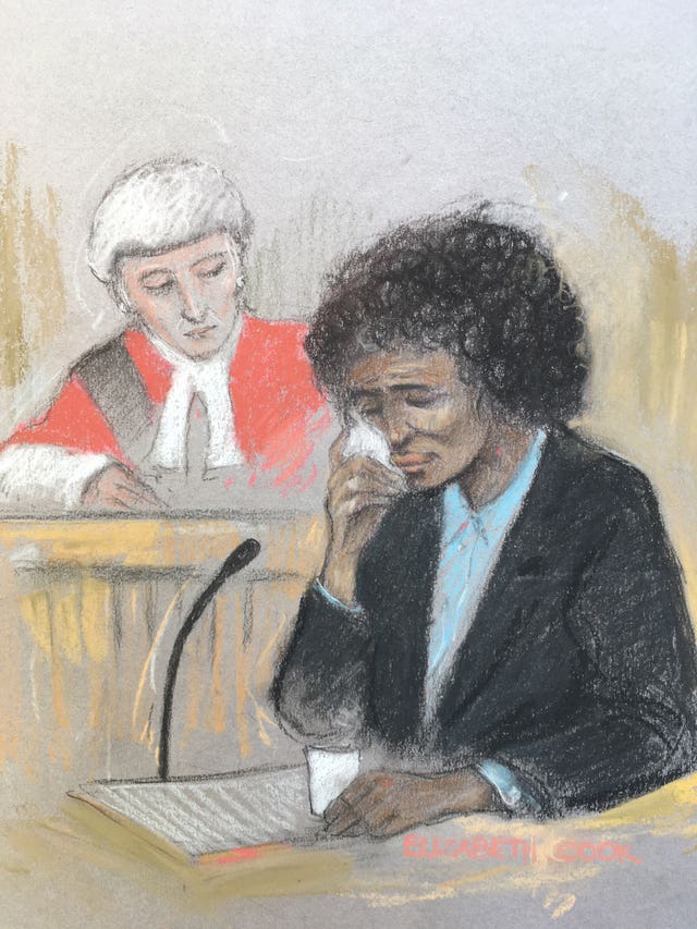 Court artist sketch of Berlinah Wallace giving evidence during her trial (Elizabeth Cook/PA)