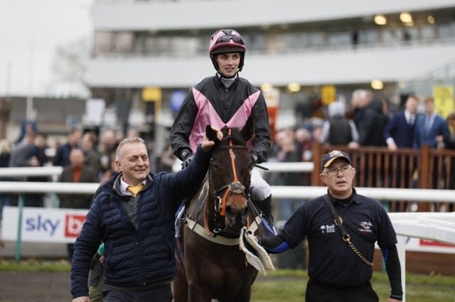 Cooper’s Cross ridden by Sam Coltherd after winning the Sky Bet Handicap Chase 