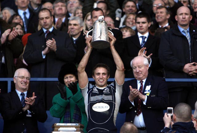 Scotland’s Mike Blair holds the Calcutta Cup aloft after the 2008 triumph over England - the Dark Blues last success over the Auld Enemy