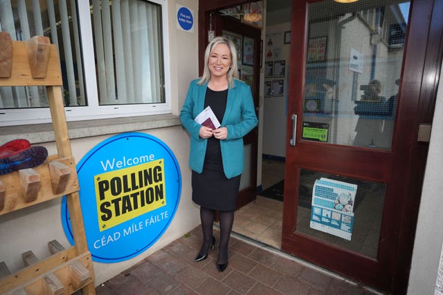 Sinn Fein vice president Michelle O’Neill arrives to cast her vote at St Patrick’s Primary School in Coalisland
