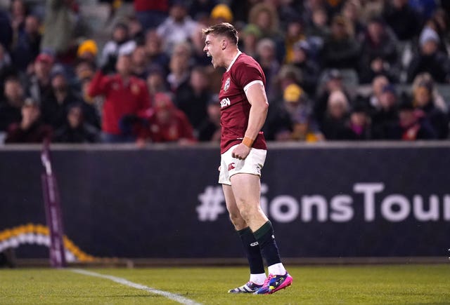 Ringrose celebrates scoring the Lions' fourth try against the Brumbies on July 9