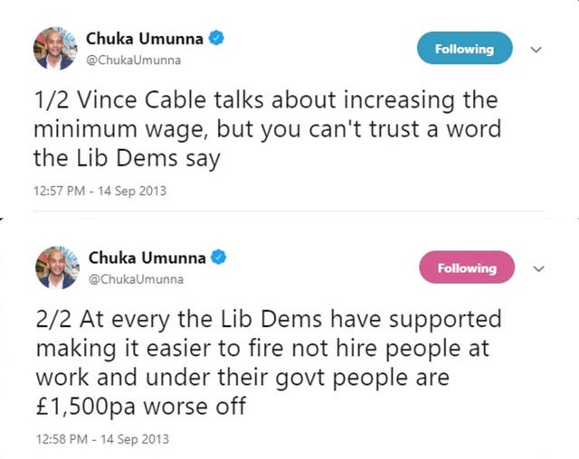 Screengrab of tweets posted by Chuka Umunna in 2013 about the Liberal Democrats (PA)