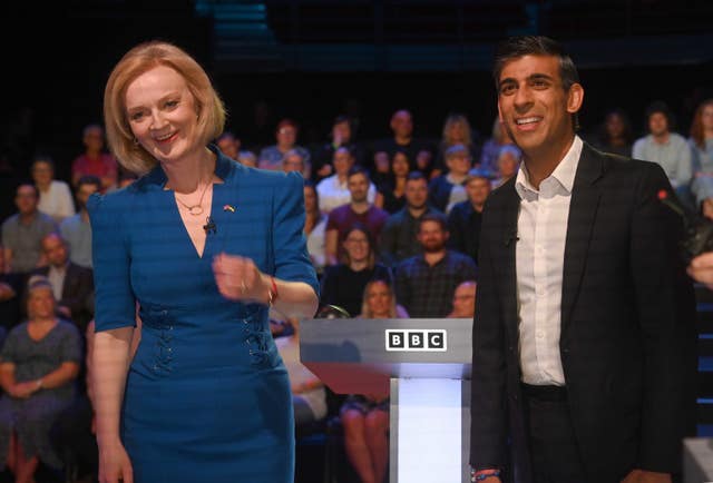 Liz Truss and Rishi Sunak before taking part in the BBC1 Conservative leadership debate