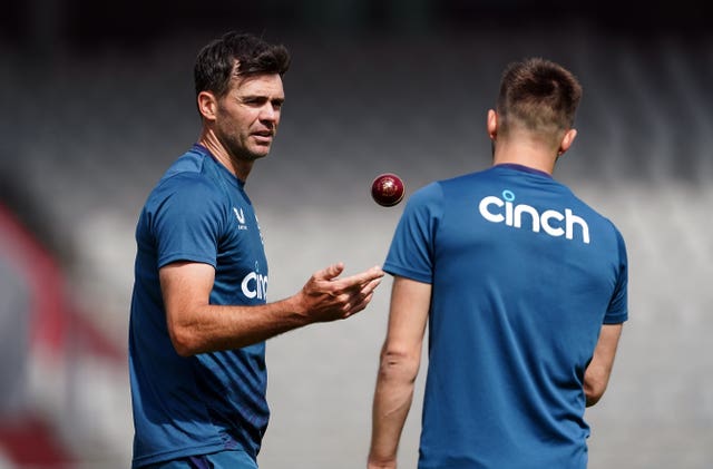 James Anderson (left) and Mark Wood during a nets session