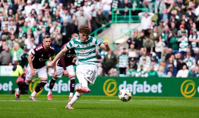Celtic’s Arne Engels scoring from the penalty spot 