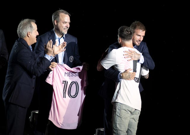 David Beckham at last July's unveiling of Lionel Messi at Inter Miami