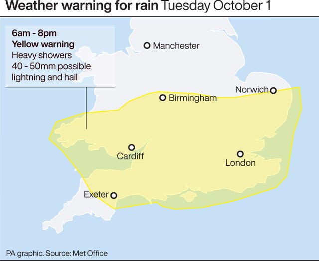 Weather warning for rain Tuesday Oct 1 