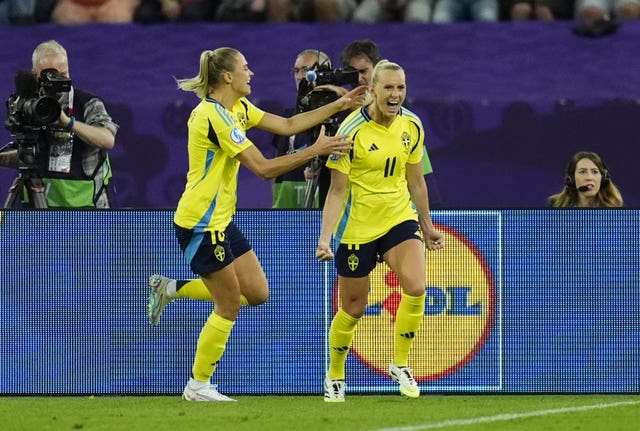 Stina Blackstenius celebrates scoring for Sweden