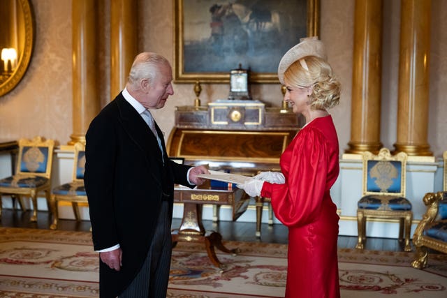 The King carrying out an audience with the ambassador of North Macedonia, Katerina Stavreska, at Buckingham Palace 