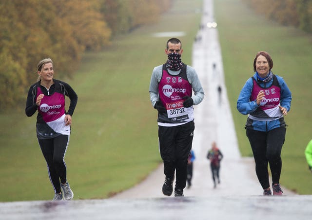 Sophie the Countess of Wessex joined Tomas Cardillo-Zallo, a member of Mencap’s learning disability running team and his mother Sue for the first 1.5 miles of their virtual London Marathon on the Long Walk in Windsor