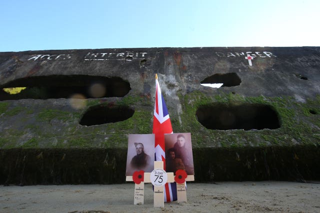 A memorial placed by the Mulberry harbour at Arromanches 