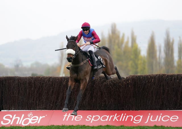 Adrian Heskin riding Threeunderthrufive on their way to winning the mallardjewellers.com Novices’ Chase during day three of the November Meeting at Cheltenham Racecourse in November 2021 