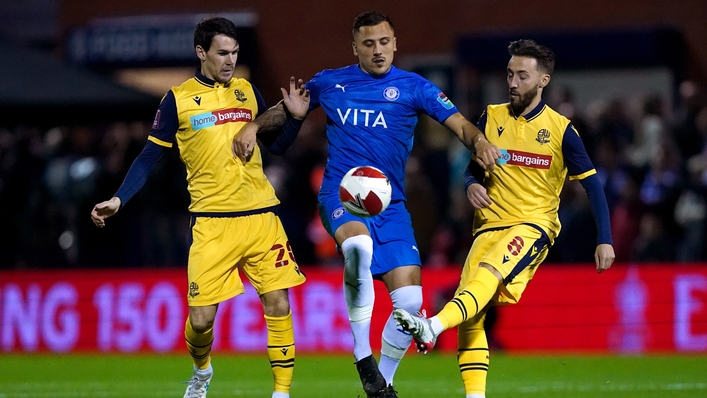 Stockport’s Antoni Sarcevic, centre, netted in the home win over Northampton (Martin Rickett/PA)