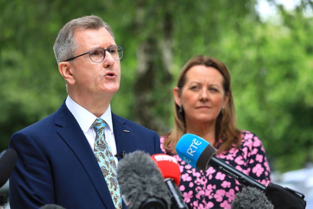 Newly elected DUP leader designate Sir Jeffrey Donaldson and deputy leader Paula Bradley, after the DUP electoral college endorsed him as the party’s new leader