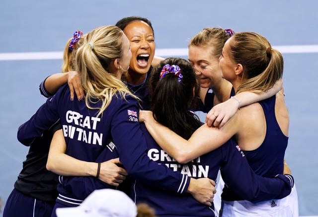 Great Britain team captain Anne Keothavong gathers her team after their 2-1 Billie Jean Cup semi-final defeat to Australia in Glasgow