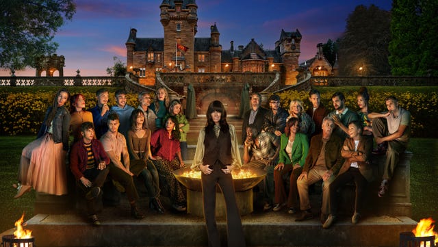 BBC1’s The Traitors, (left to right back row) Rachel, Jessie, Stephen, Faraaz, Maz, Ellie, Harriet, Hugo, Jack, Fiona, Sam, Adam, Roxy, Reece, (left to right front row) James, Matthew, Jade, Netty, Ross, Judy, Ben, Amanda and host Claudia Winkleman (standing centre)