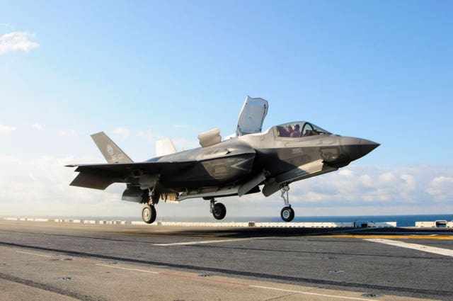 Ministry of Defence undated handout photo of an F-35B Lightning II taking off from the flight deck of the amphibious assault ship USS Wasp. (Andrew M Rivard/PA).