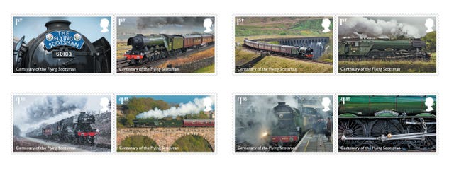 Eight of 12 new stamps to mark the 100th anniversary of steam locomotive Flying Scotsman