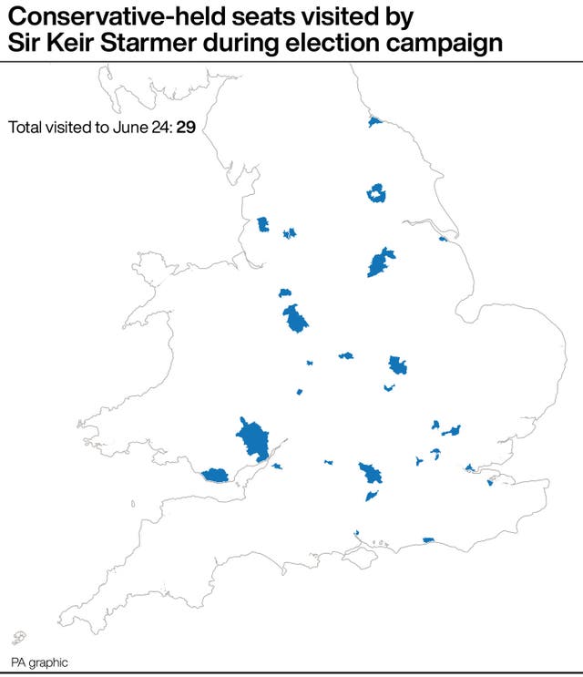 A map showing Conservative-held seats visited by Sir Keir Starmer during election campaign
