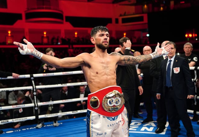 Joe Cordina celebrates victory in the IBF World Super Featherweight bout at Cardiff International Arena