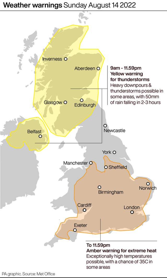 Weather warnings Sunday August 14 2022