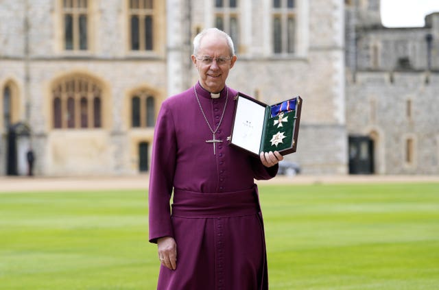 The Most Reverend and Right Honourable Justin Welby, Archbishop of Canterbury, after being made a Knight Grand Cross of the Royal Victorian Order by King Charles III at Windsor Castle, Berkshire