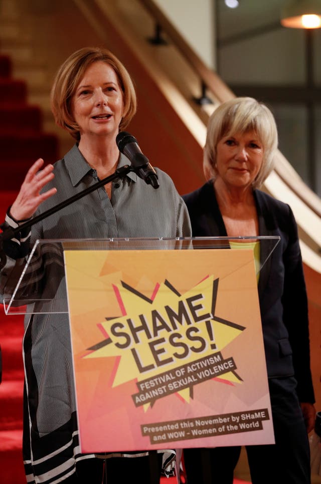 Julia Gillard (left) speaks as Jude Kelly looks on