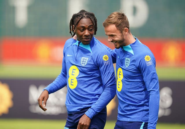 England’s Eberechi Eze and James Maddison caught up during a training session at Manchester United's Trafford Training Centre 