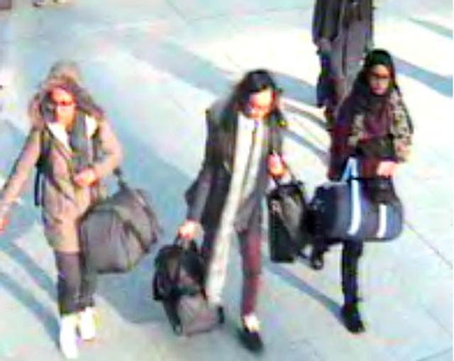 CCTV issued by the Metropolitan Police shows (left to right) 15-year-old Amira Abase, Kadiza Sultana, 16, and Shamima Begum, 15, at Gatwick airport in February 2015 (Metropolitan Police/PA)