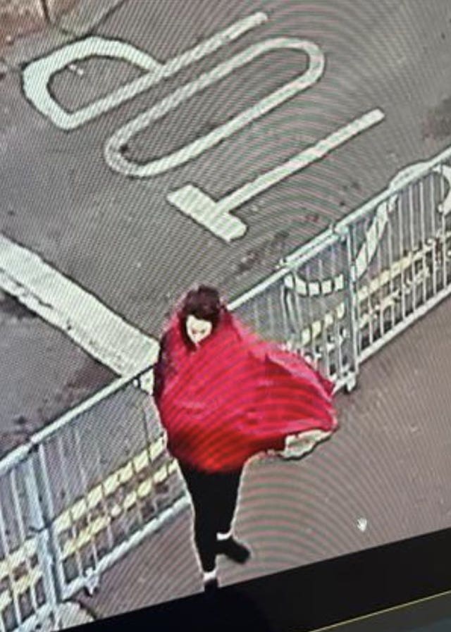 A CCTV image believed to be Constance Marten outside Harwich Harbor in Essex (Greater Manchester Police/PA)