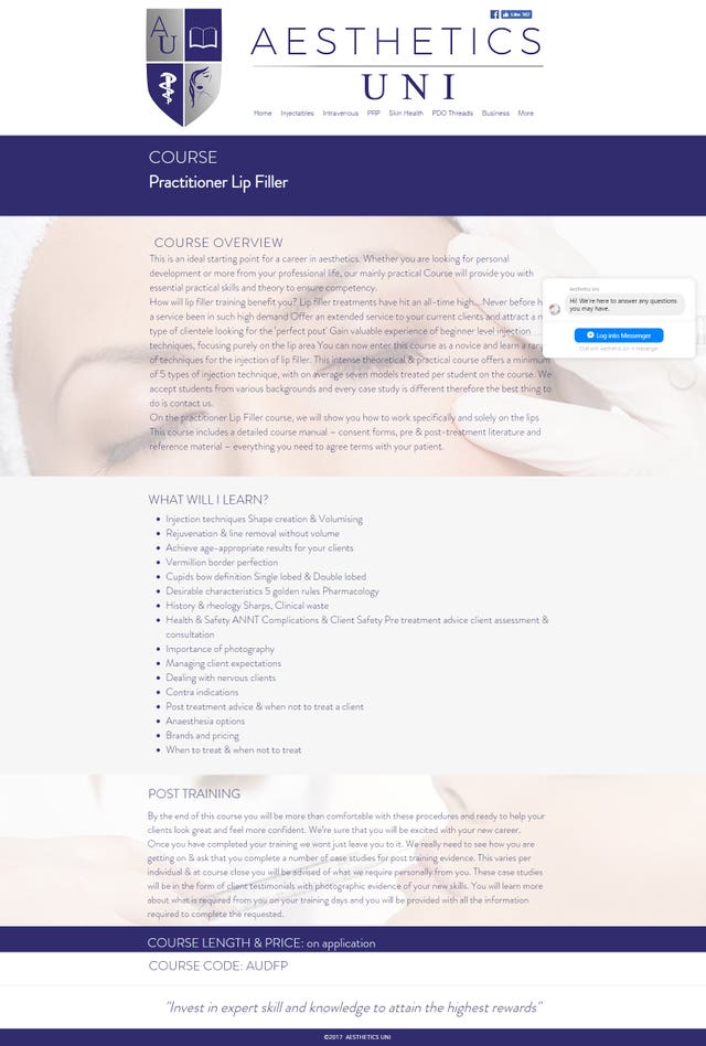 An ad from Aesthetics Uni advertising a practitioner lip filler course 