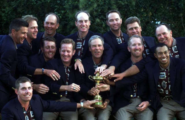 The United States team celebrate their 1999 Ryder Cup victory at the 
