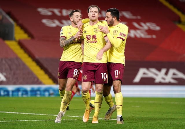 Ashley Barnes celebrates at Anfield